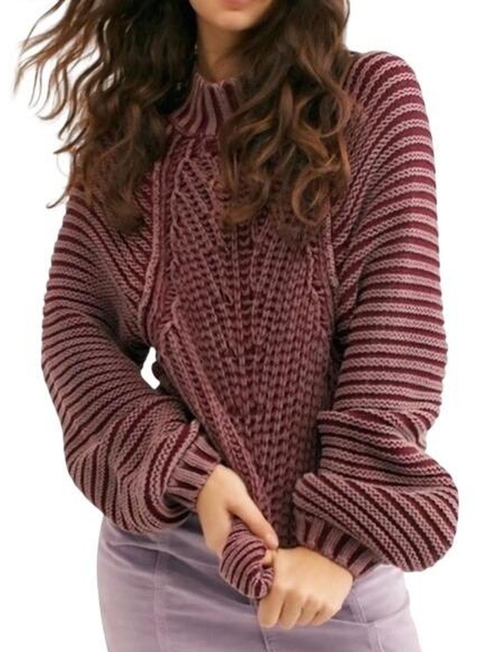 Free People Sweetheart Rib Chunky Mock Neck Cable Knit Sweater Garnet Grotto